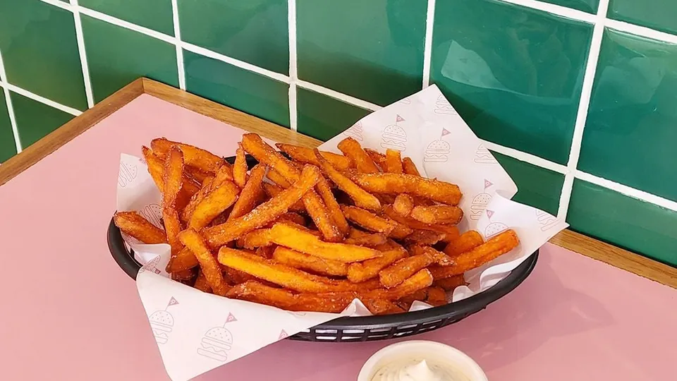 Sweet Potato Fries + Truffle Mayo – Sweet potato fries with truffle mayo.